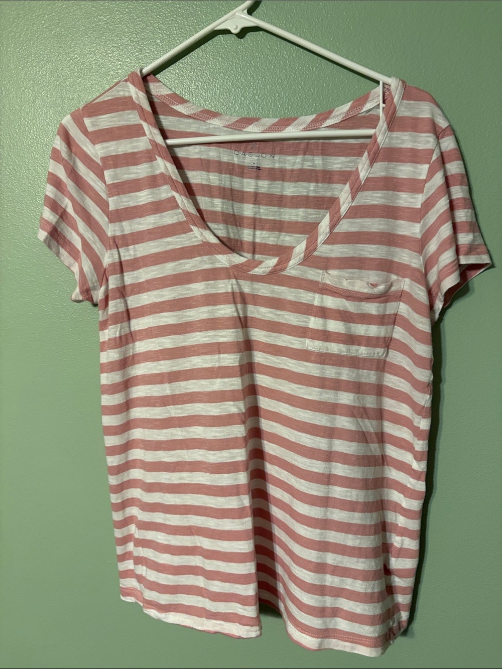 Caslon Pink and White Striped V-Neck Pocket Tee